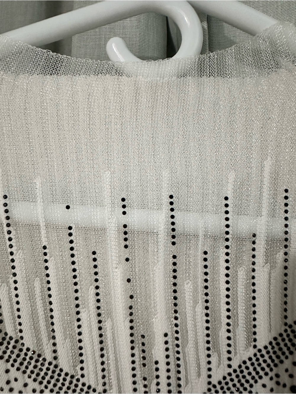Ivory Ribbed Knit Rhinestone Embellished Illusion Mesh Top Size S - Picture 4 of 5